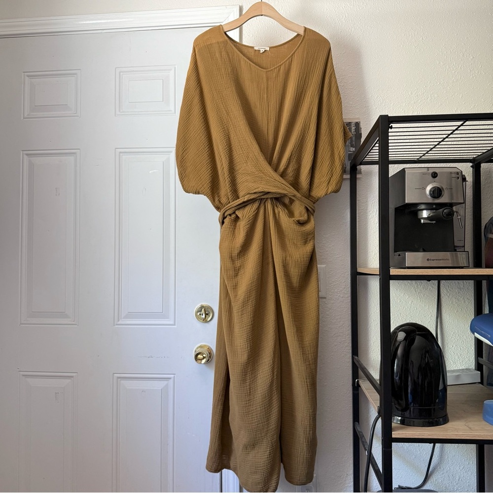 SUUNDAY mustard yellow cotton gauze dolman batwing short sleeve‎ belted tie maxi